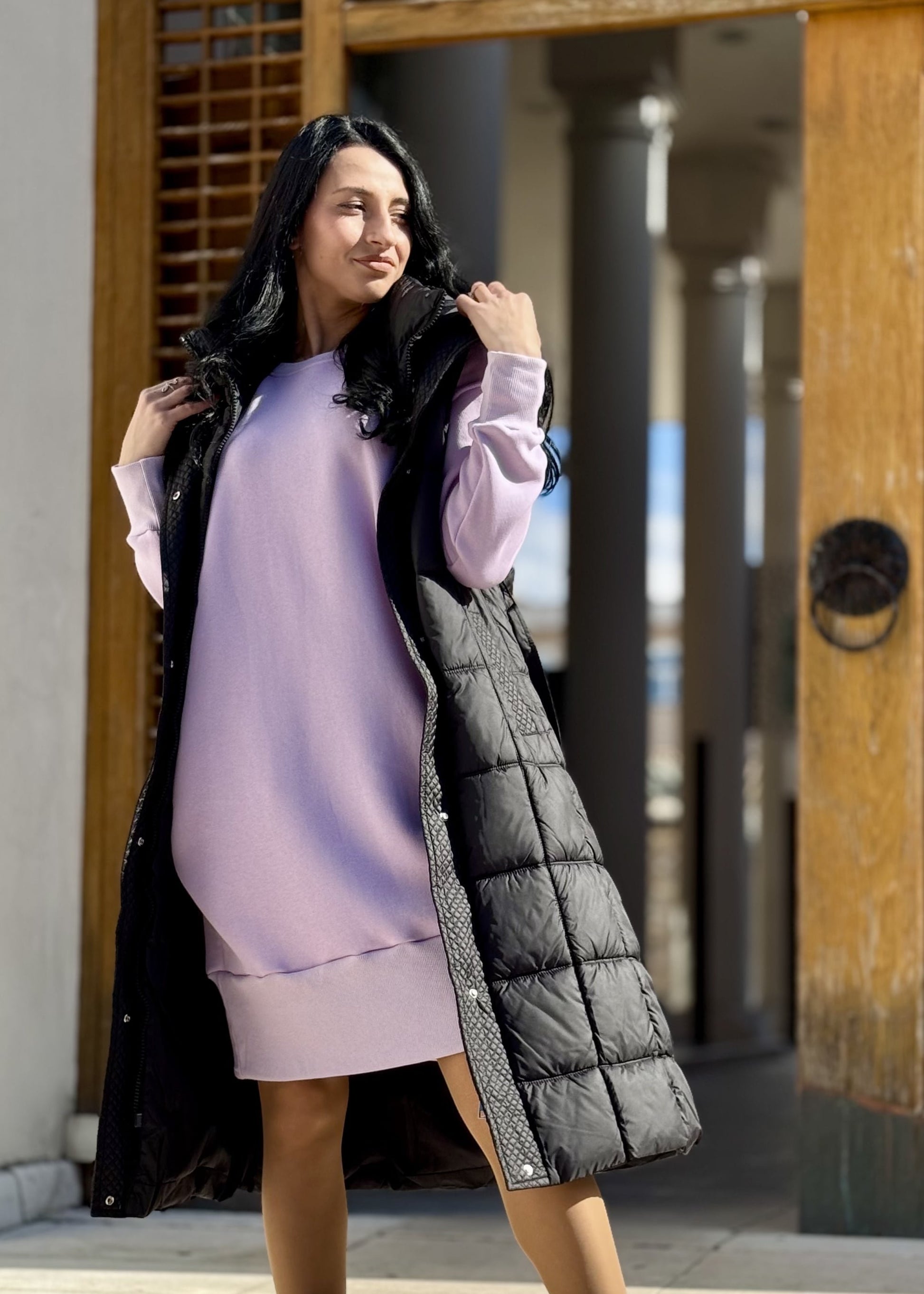 Lavender oversized sweatshirt dress with a relaxed fit, perfect for everyday wear.