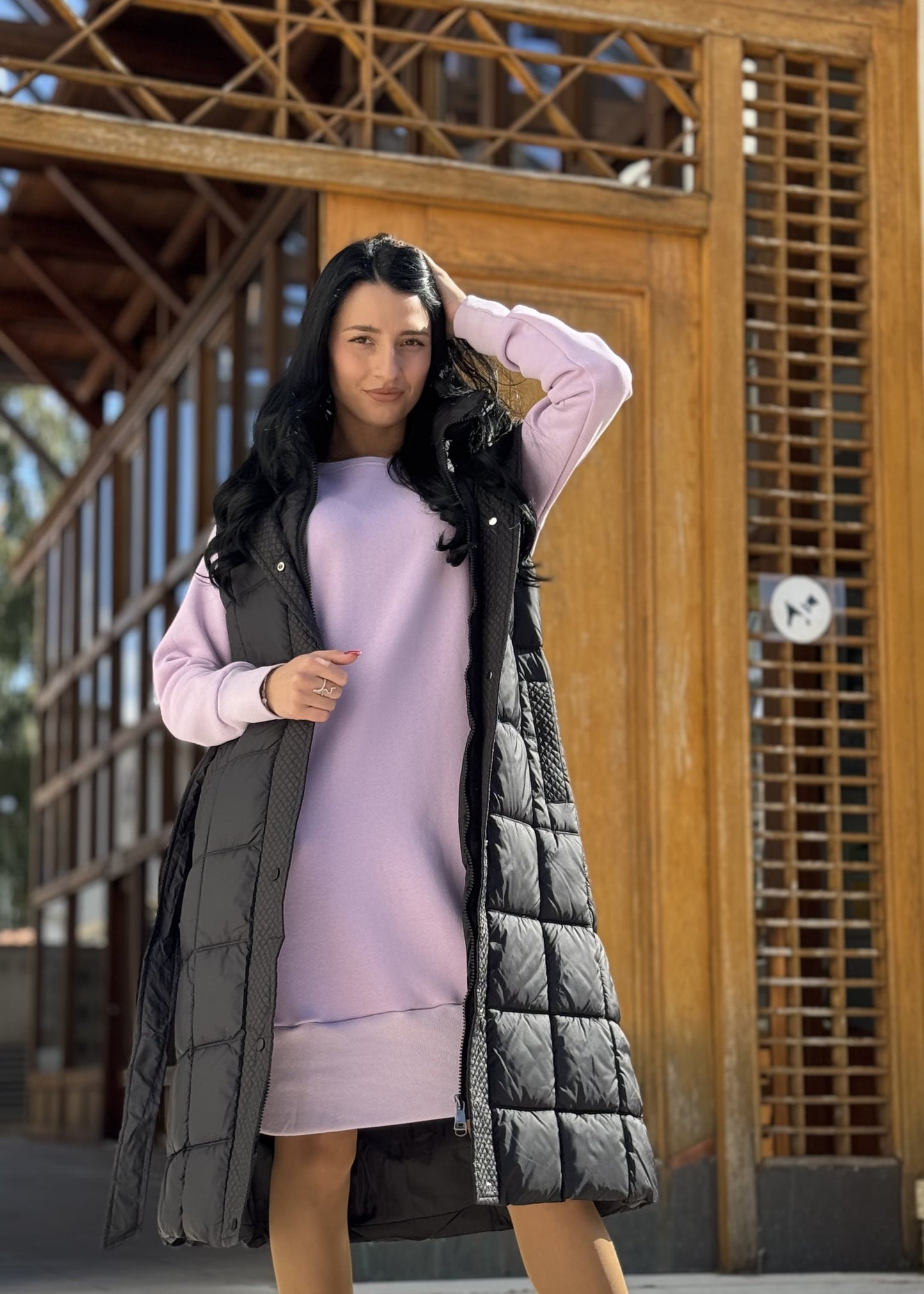 Lavender oversized sweatshirt dress with a relaxed fit, perfect for everyday wear.